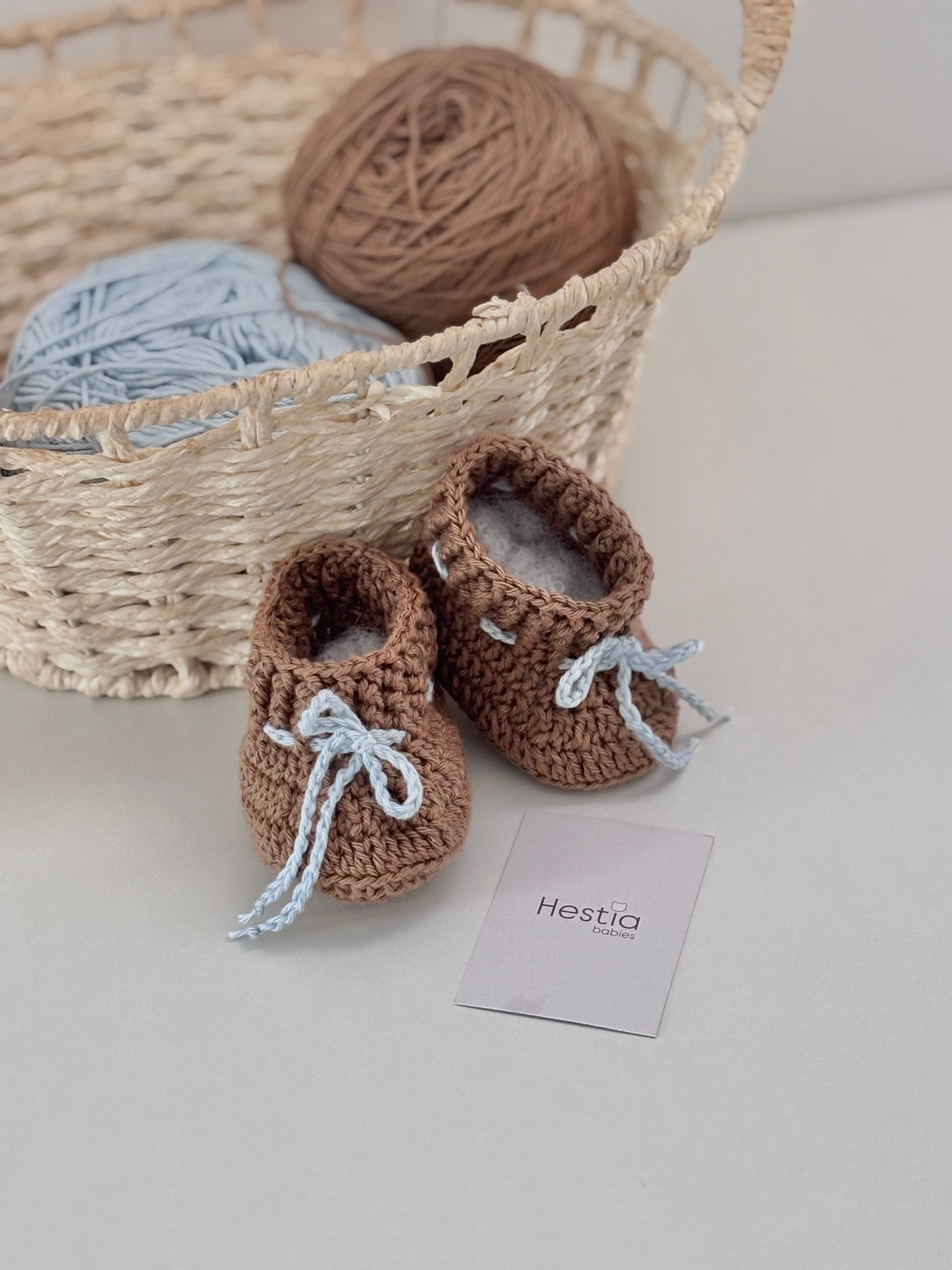 Handmade brown booties with blue tie ( preorder)