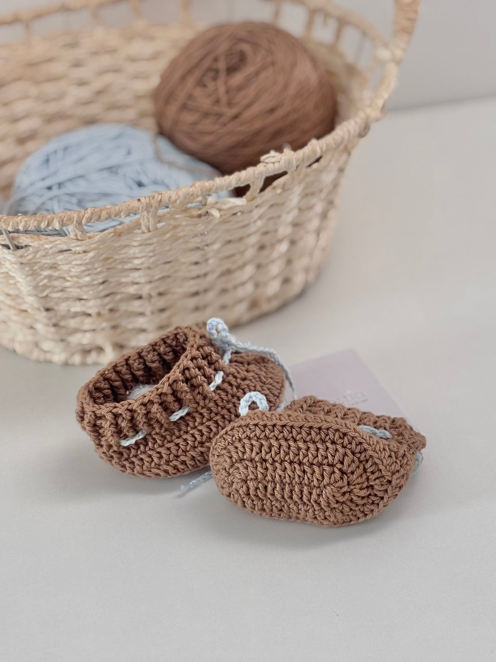Handmade brown booties with blue tie ( preorder)