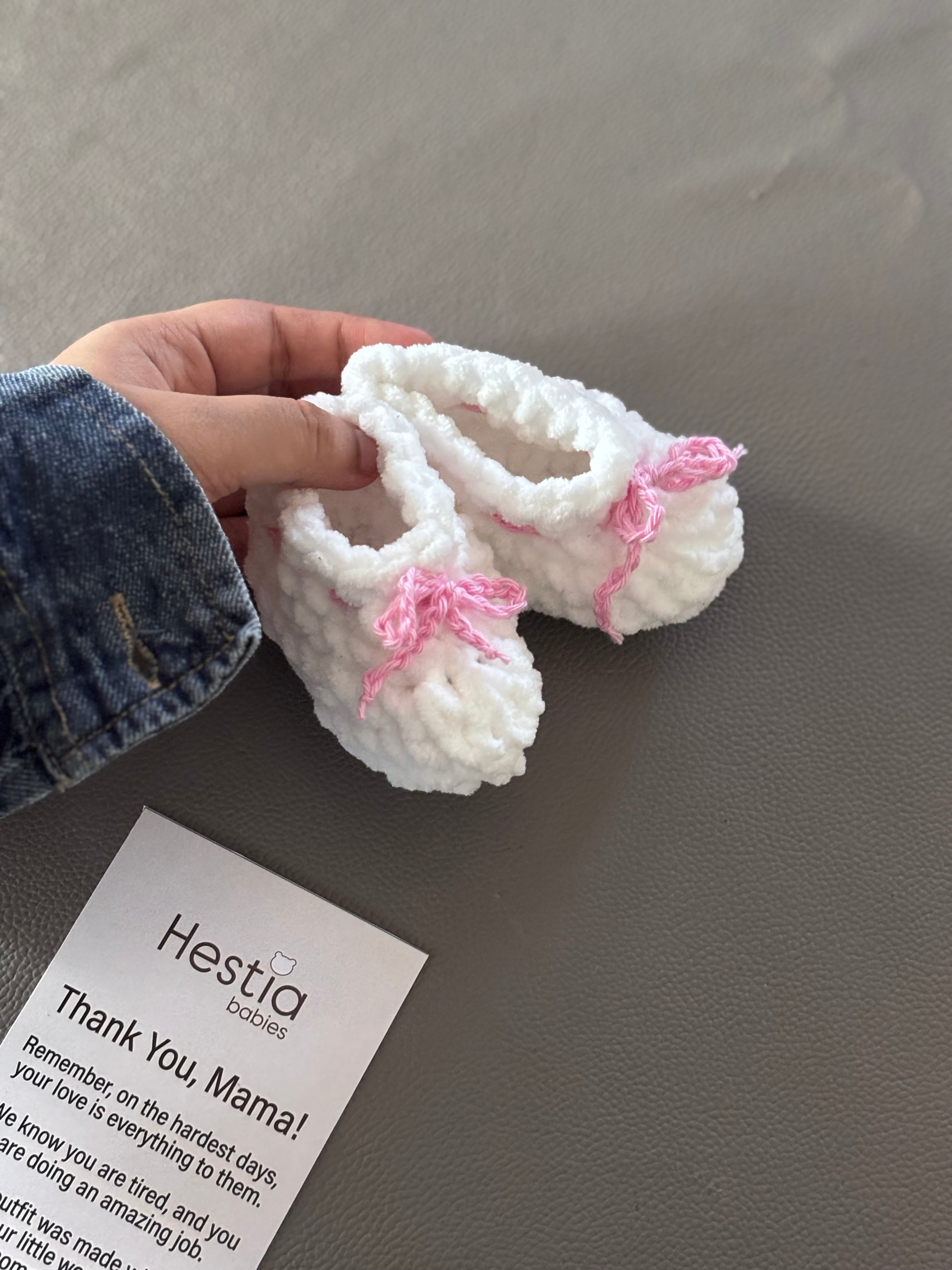 Handmade white plushy booties with tie ( preorder)