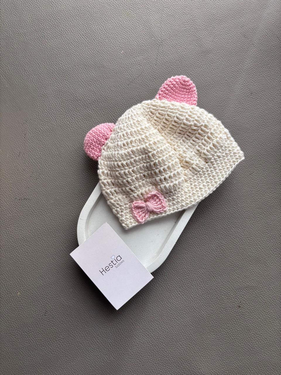 PINK EARS AND BOW ATTACHED CROCHET OFFWHITE  HANDMADE CAP