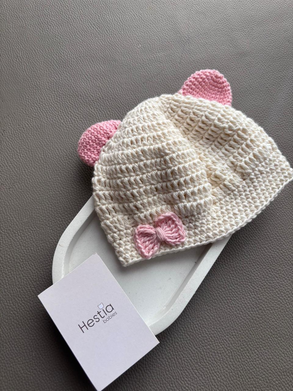 PINK EARS AND BOW ATTACHED CROCHET OFFWHITE  HANDMADE CAP