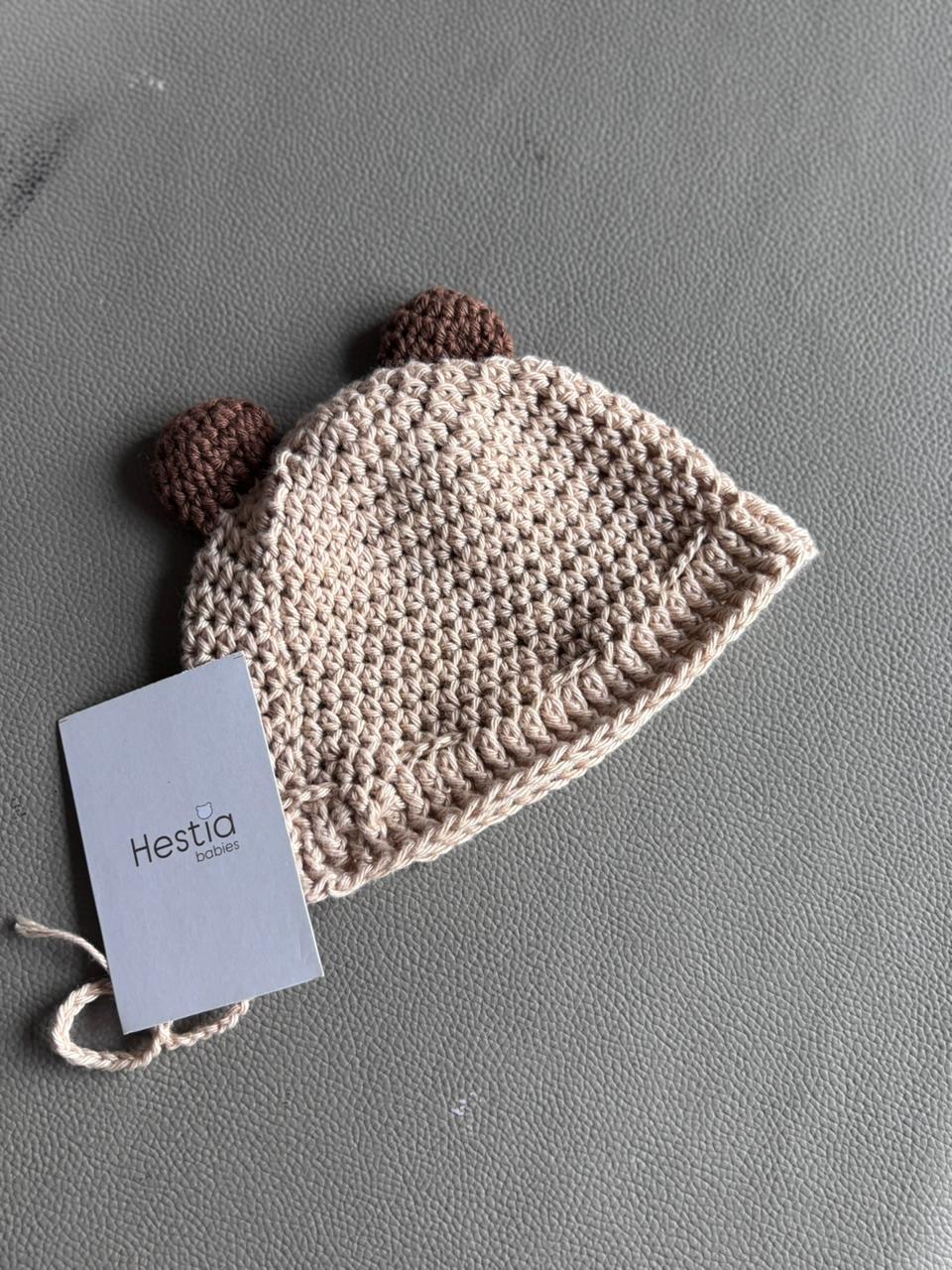 BEIGE HANDMADE CROCHET CAP WITH BROWN EARS [PREORDER]