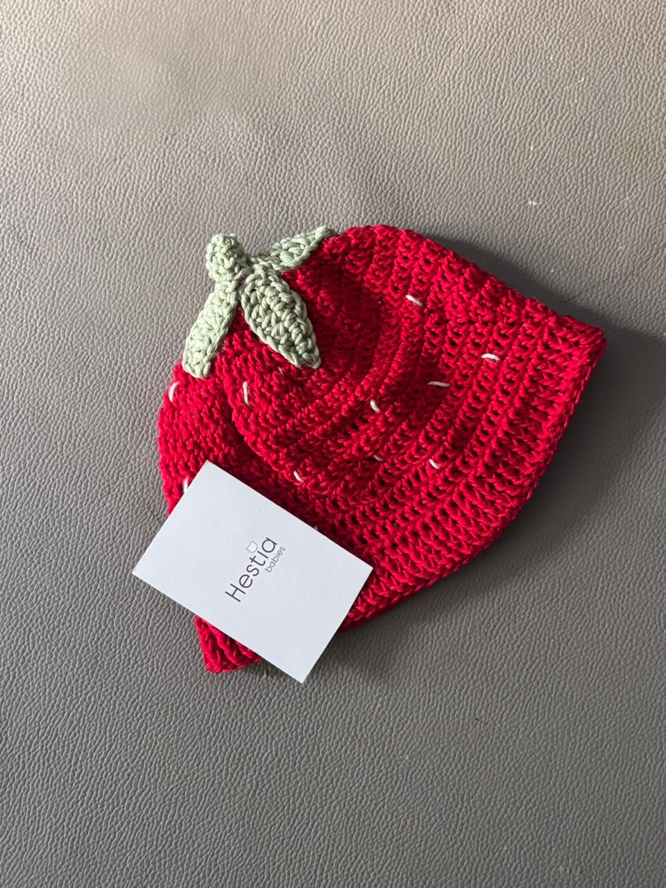 HANDMADE CROCHET STRAWBERRY BABY CAP- RED AND GREEN [PREORDER ]
