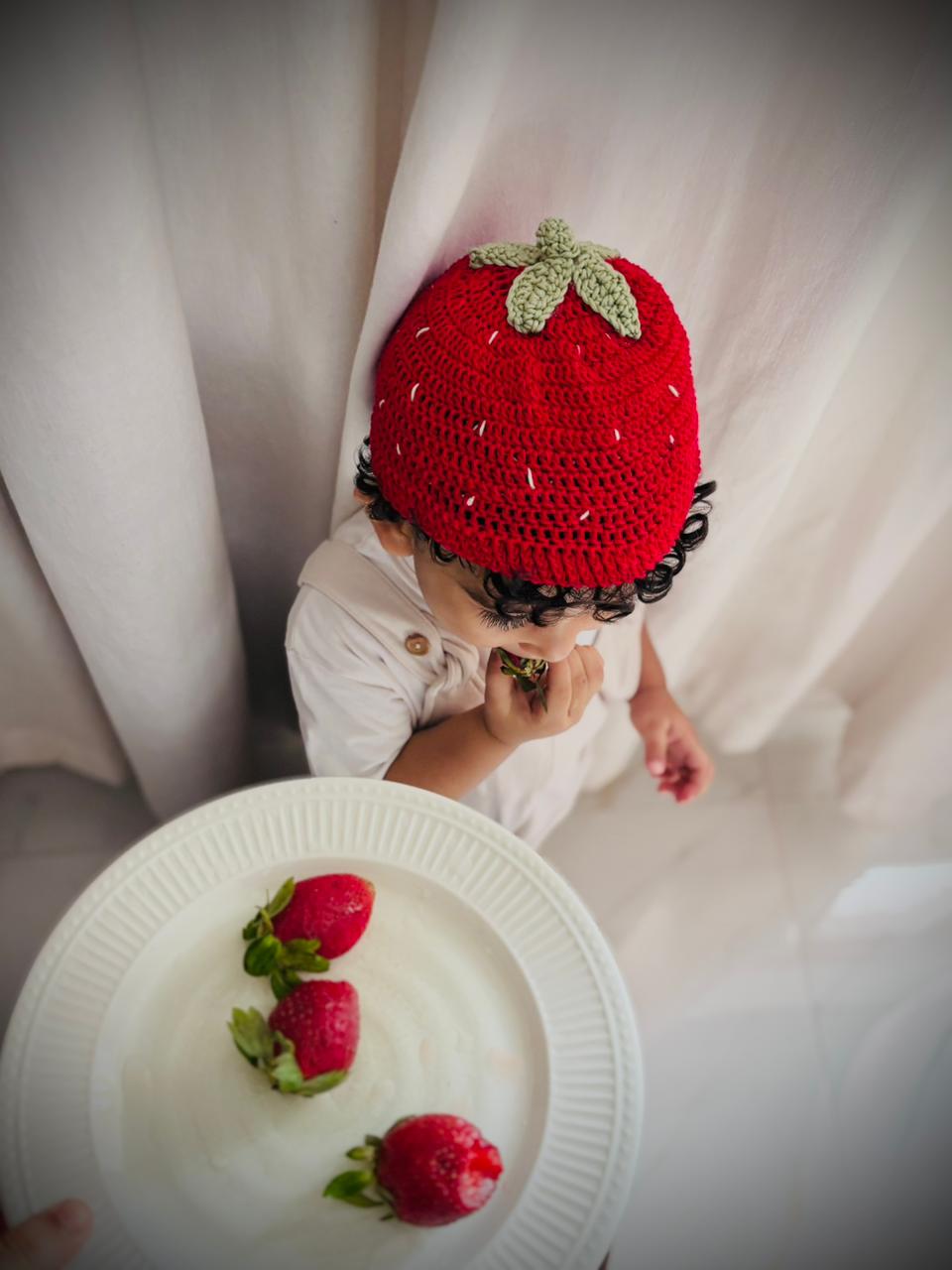 HANDMADE CROCHET STRAWBERRY BABY CAP- RED AND GREEN [PREORDER ]