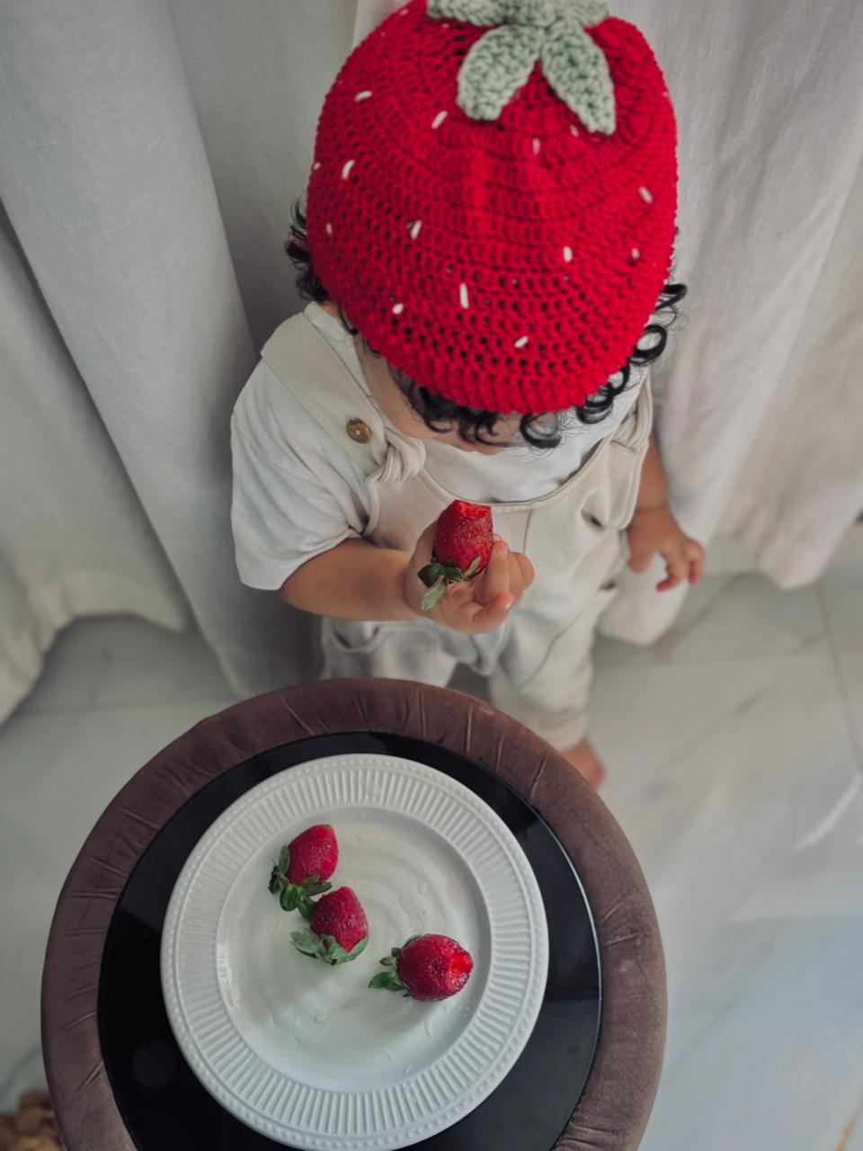 HANDMADE CROCHET STRAWBERRY BABY CAP- RED AND GREEN [PREORDER ]