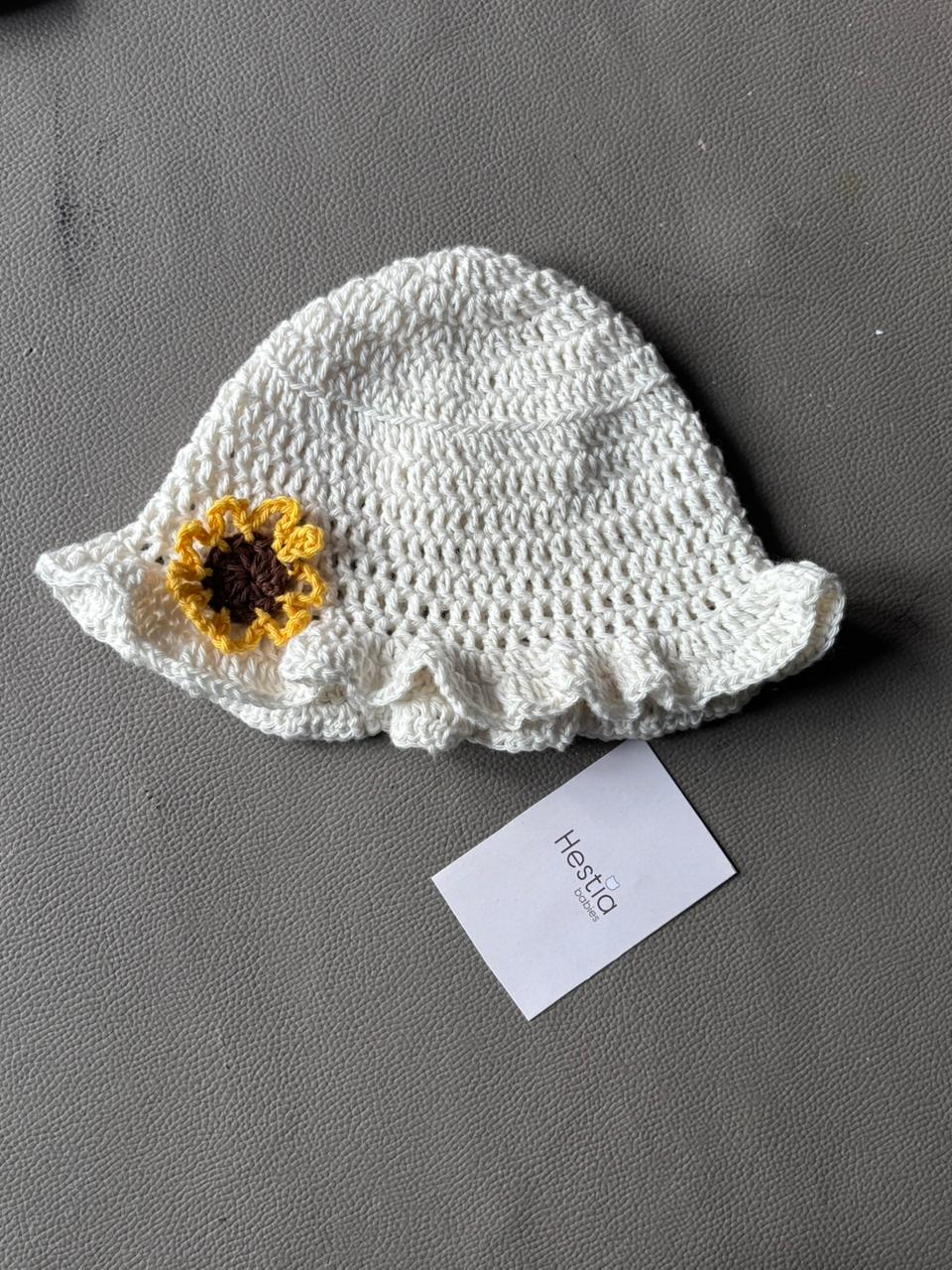 HANDMADE CROCHET RUFFLE CAP WITH SUNFLOWER MOTIF