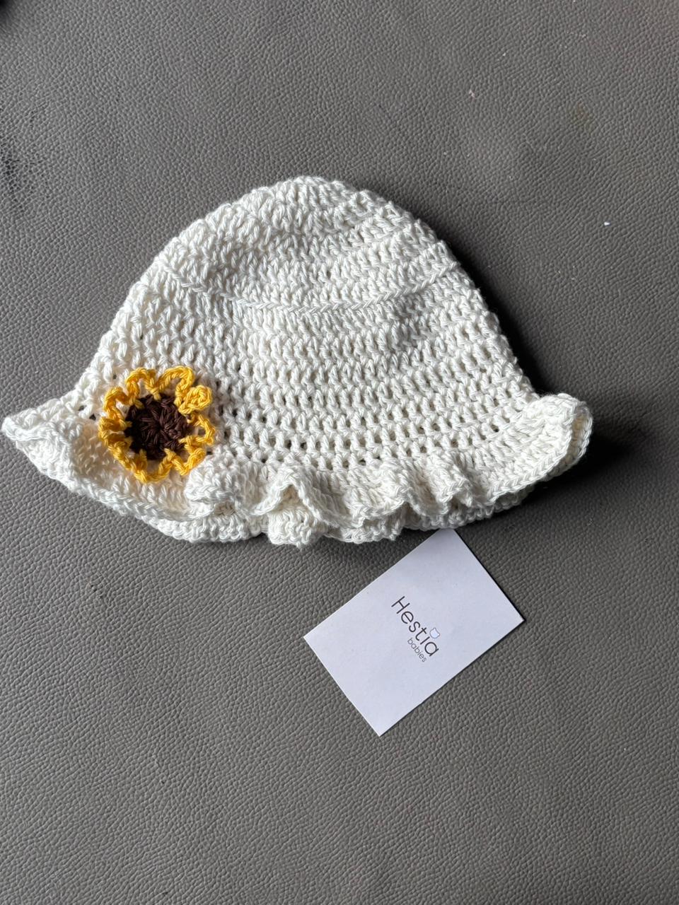 HANDMADE CROCHET RUFFLE CAP WITH SUNFLOWER MOTIF