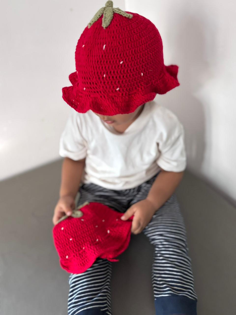 HANDMADE CROCHET STRAWBERRY BABY CAP- RED AND GREEN [PREORDER ]