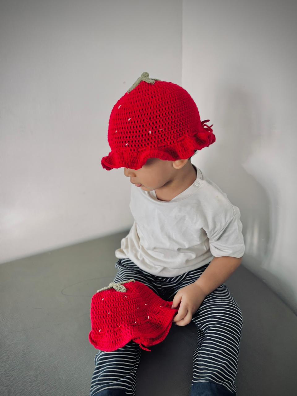 HANDMADE CROCHET STRAWBERRY BABY CAP- RED AND GREEN [PREORDER ]