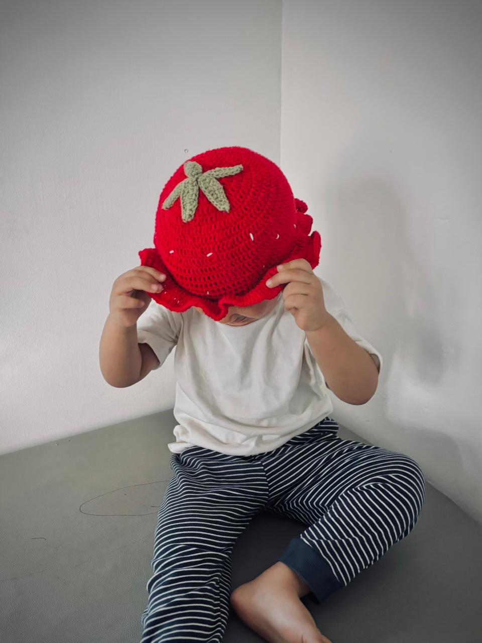 HANDMADE CROCHET STRAWBERRY BABY CAP- RED AND GREEN [PREORDER ]