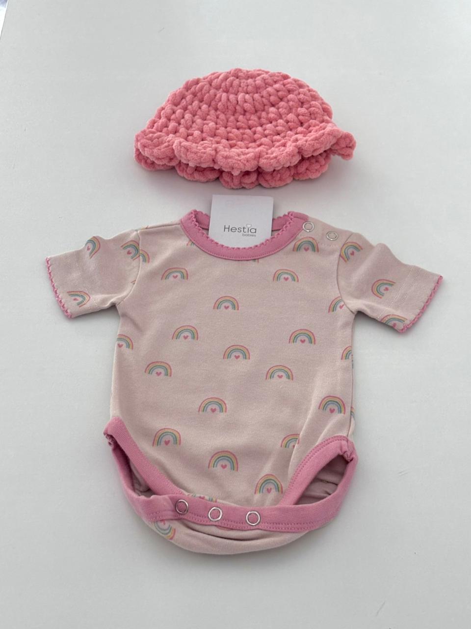Ready Stock: Premium Rainbow Print Newborn Onesie & Plushy Cap Set