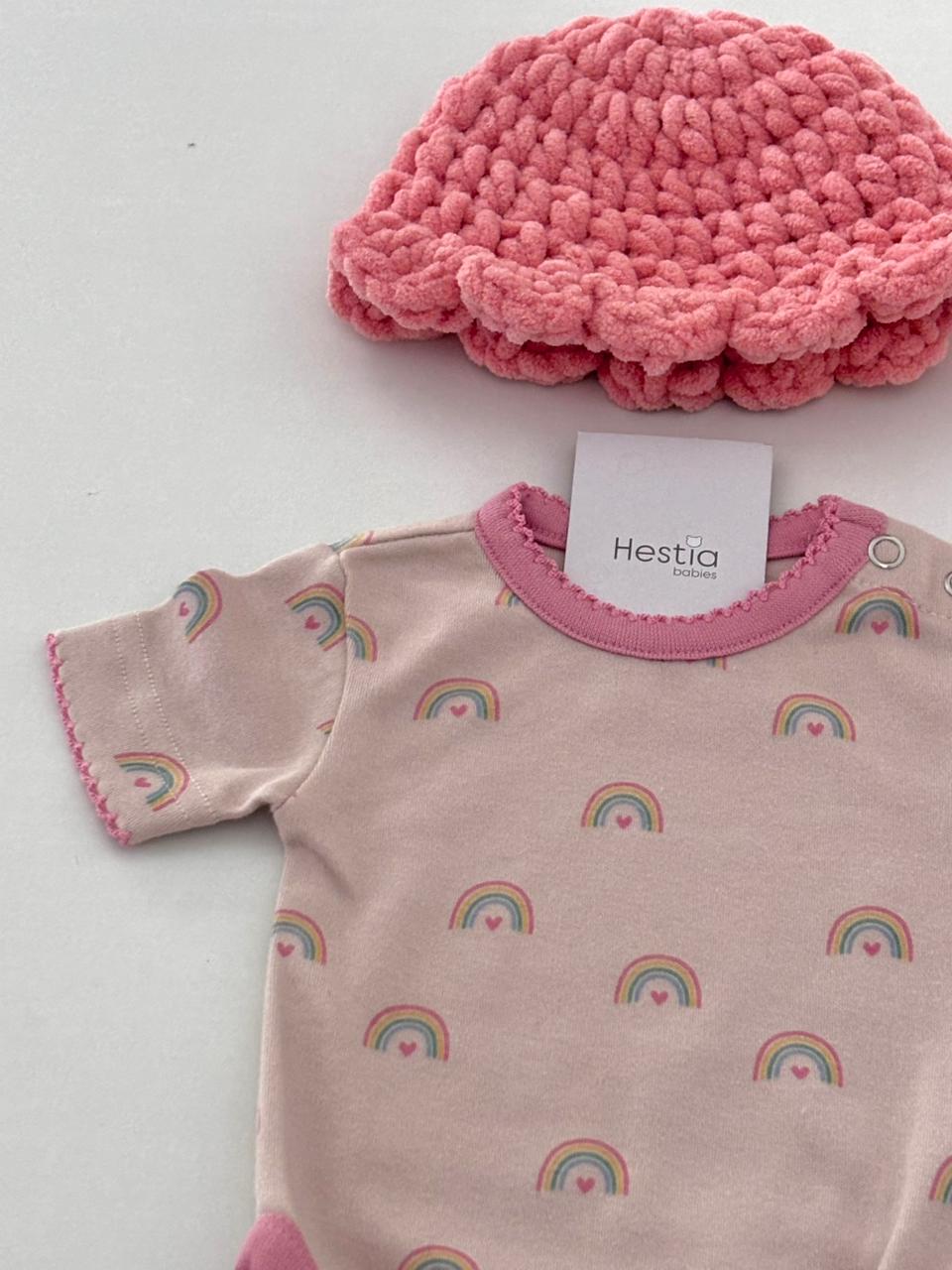 Ready Stock: Premium Rainbow Print Newborn Onesie & Plushy Cap Set