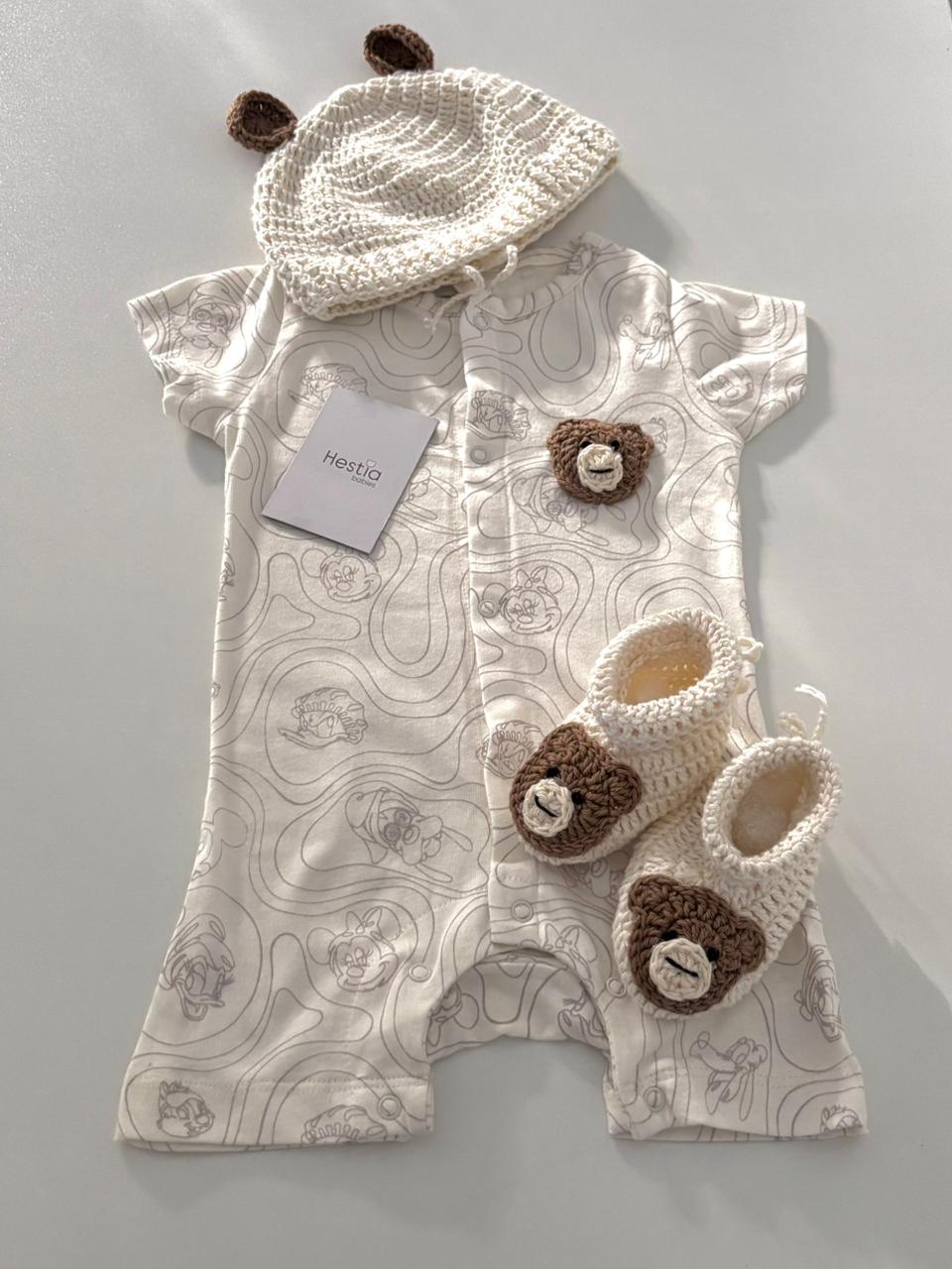 Handmade  Premium Crochet Teddy Jumpsuit, Cap & Booties Set (3-6 Months)