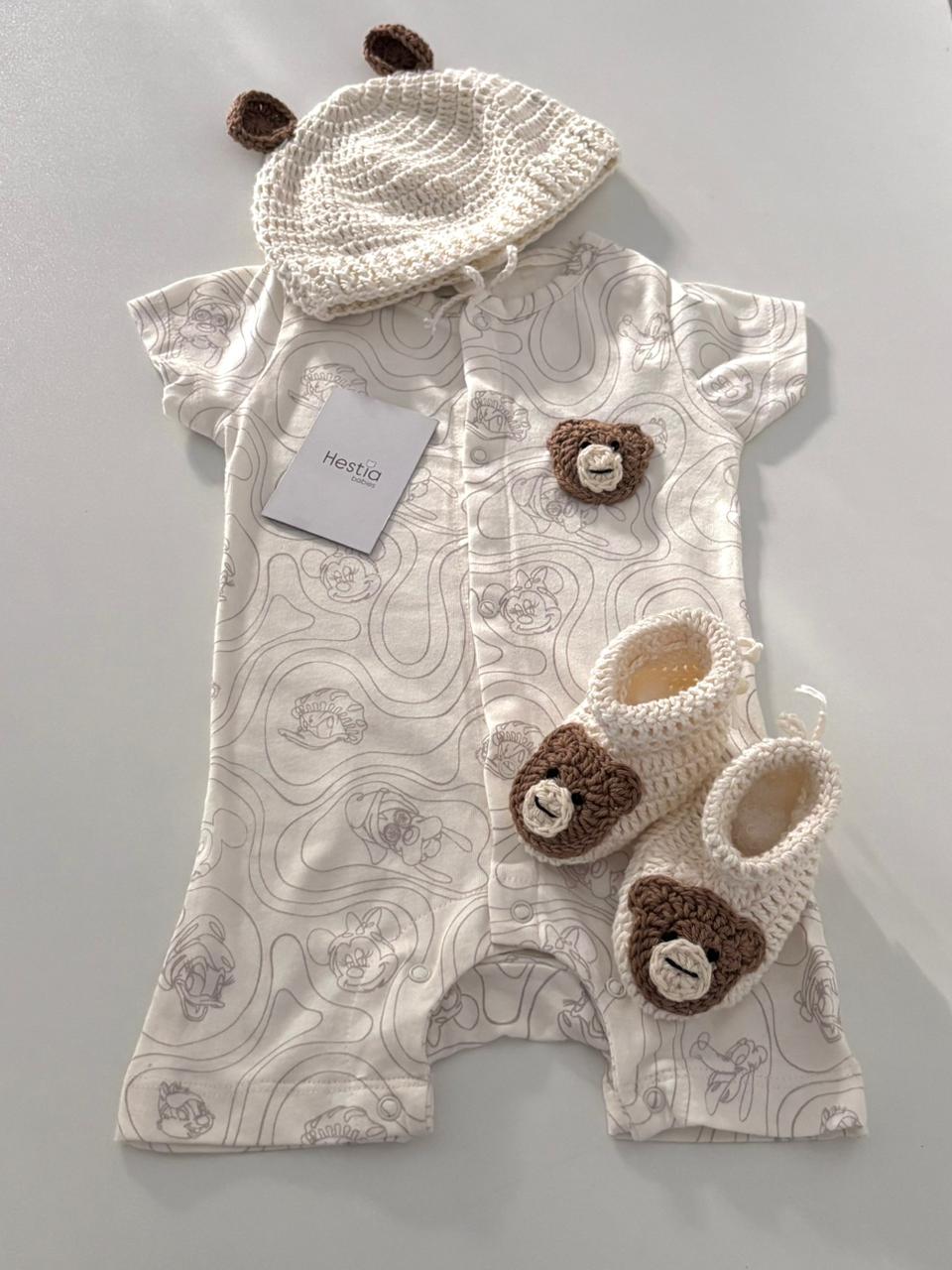 Handmade  Premium Crochet Teddy Jumpsuit, Cap & Booties Set (3-6 Months)