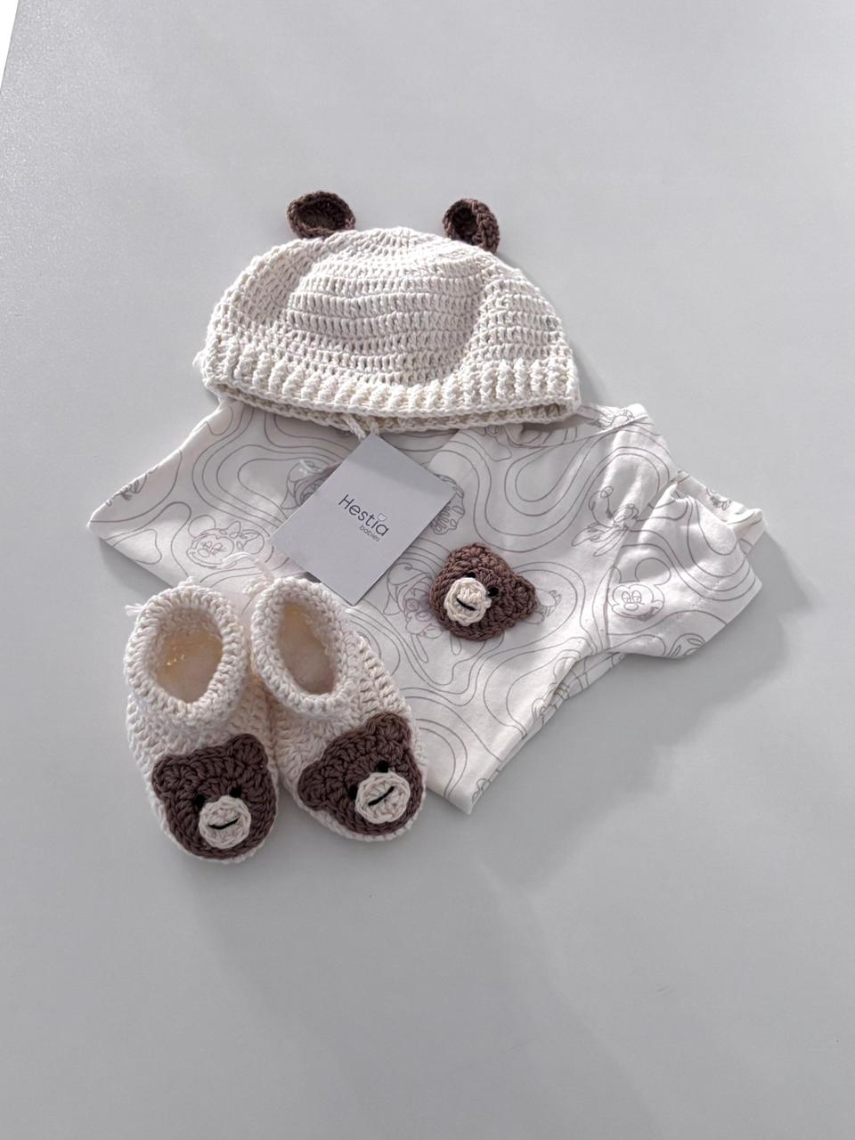 Handmade  Premium Crochet Teddy Jumpsuit, Cap & Booties Set (3-6 Months)