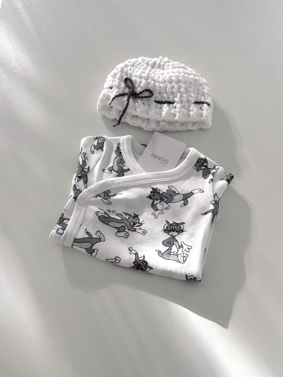 Premium Cotton Tom & Jerry Wrap-Over Onesie & Flappy Cap Set (3-6 Months)