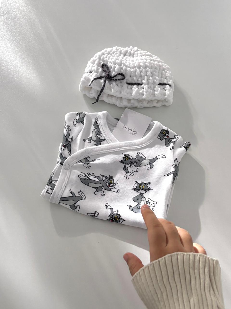 Premium Cotton Tom & Jerry Wrap-Over Onesie & Flappy Cap Set (3-6 Months)