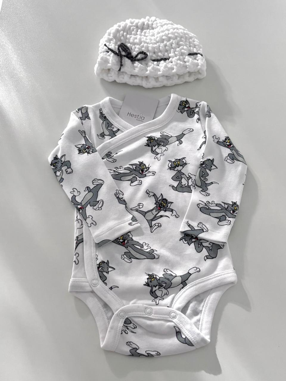 Premium Cotton Tom & Jerry Wrap-Over Onesie & Flappy Cap Set (3-6 Months)