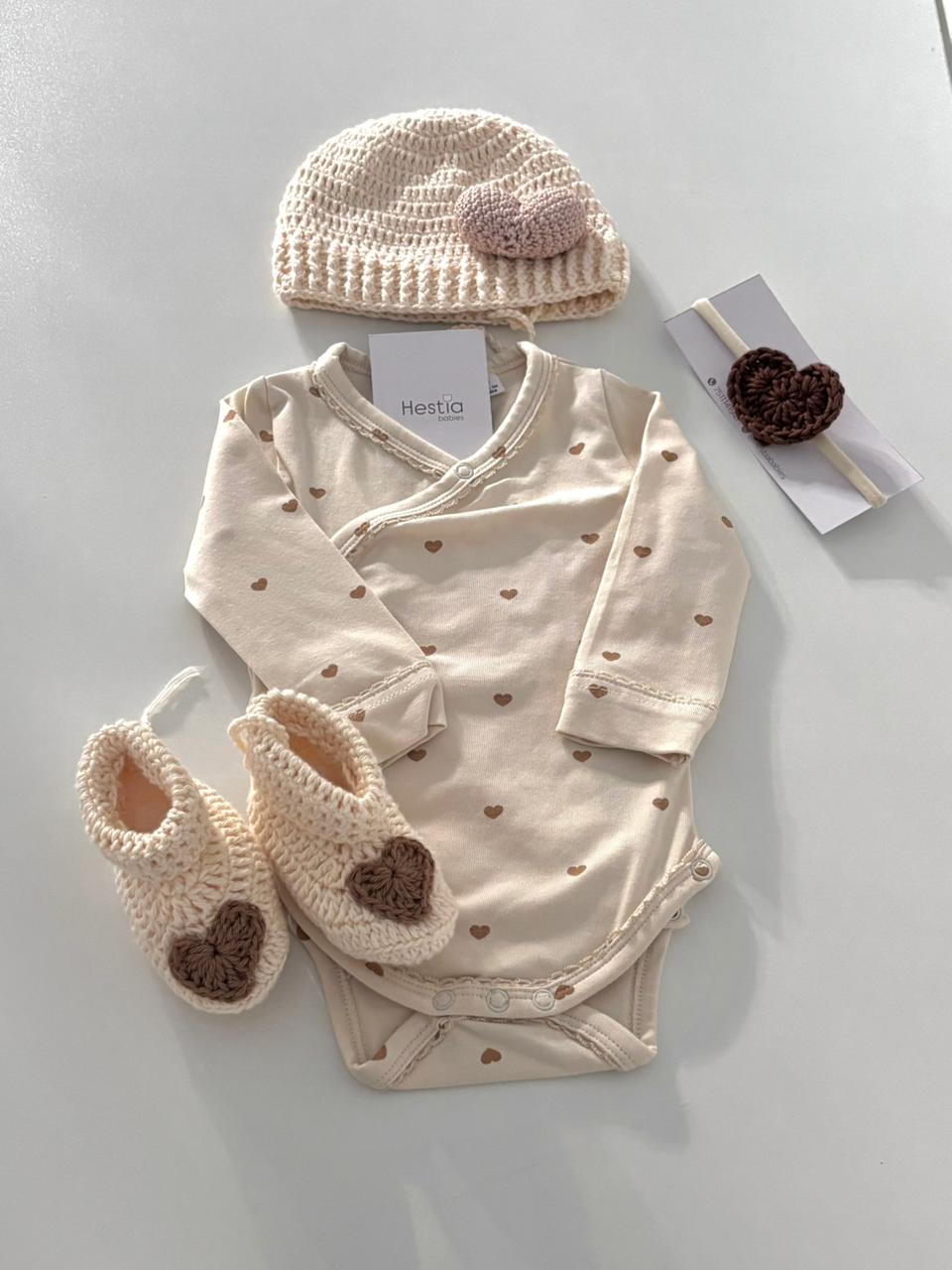 Premium Pure Cotton Newborn Gift Set - Cream Heart Onesie & Crochet Essentials (4-Piece Set)