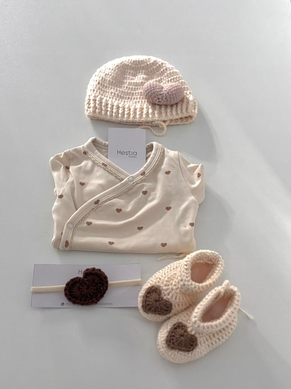 Premium Pure Cotton Newborn Gift Set - Cream Heart Onesie & Crochet Essentials (4-Piece Set)