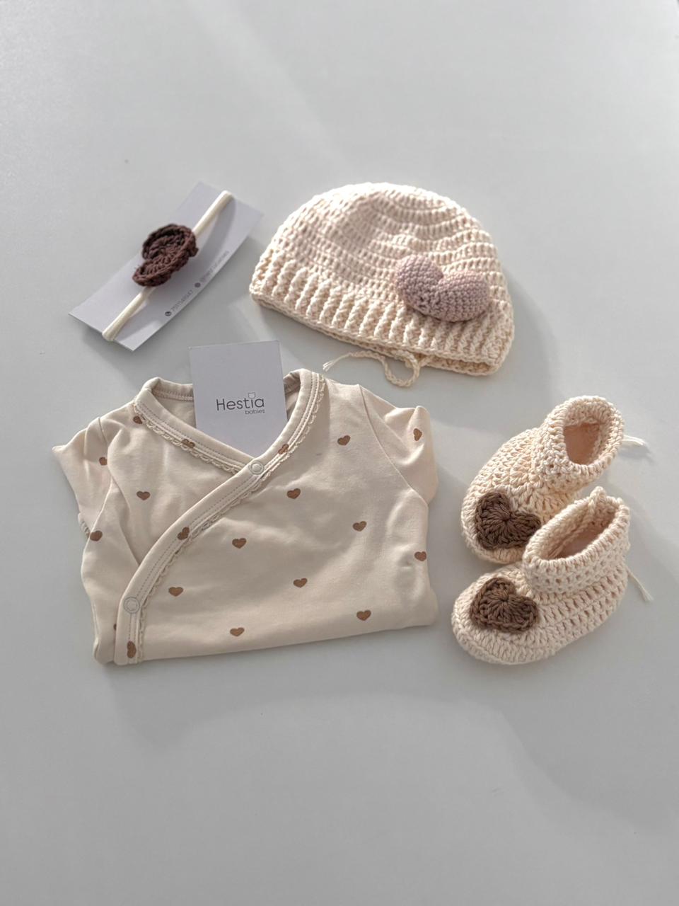 Premium Pure Cotton Newborn Gift Set - Cream Heart Onesie & Crochet Essentials (4-Piece Set)