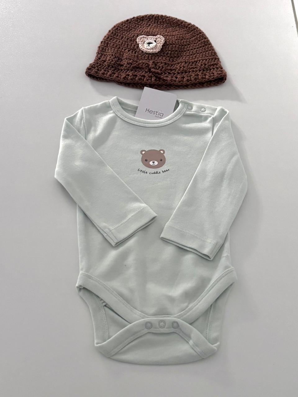 Premium Set: Teddy Print Pastel Green Onesie & Crochet Teddy Cap (2-Piece Set)