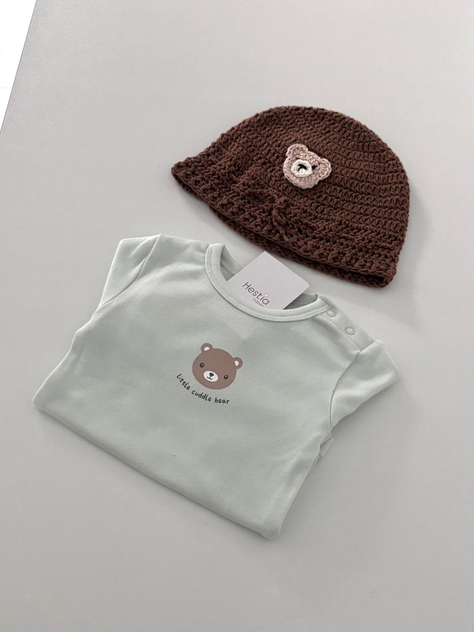 Premium Set: Teddy Print Pastel Green Onesie & Crochet Teddy Cap (2-Piece Set)